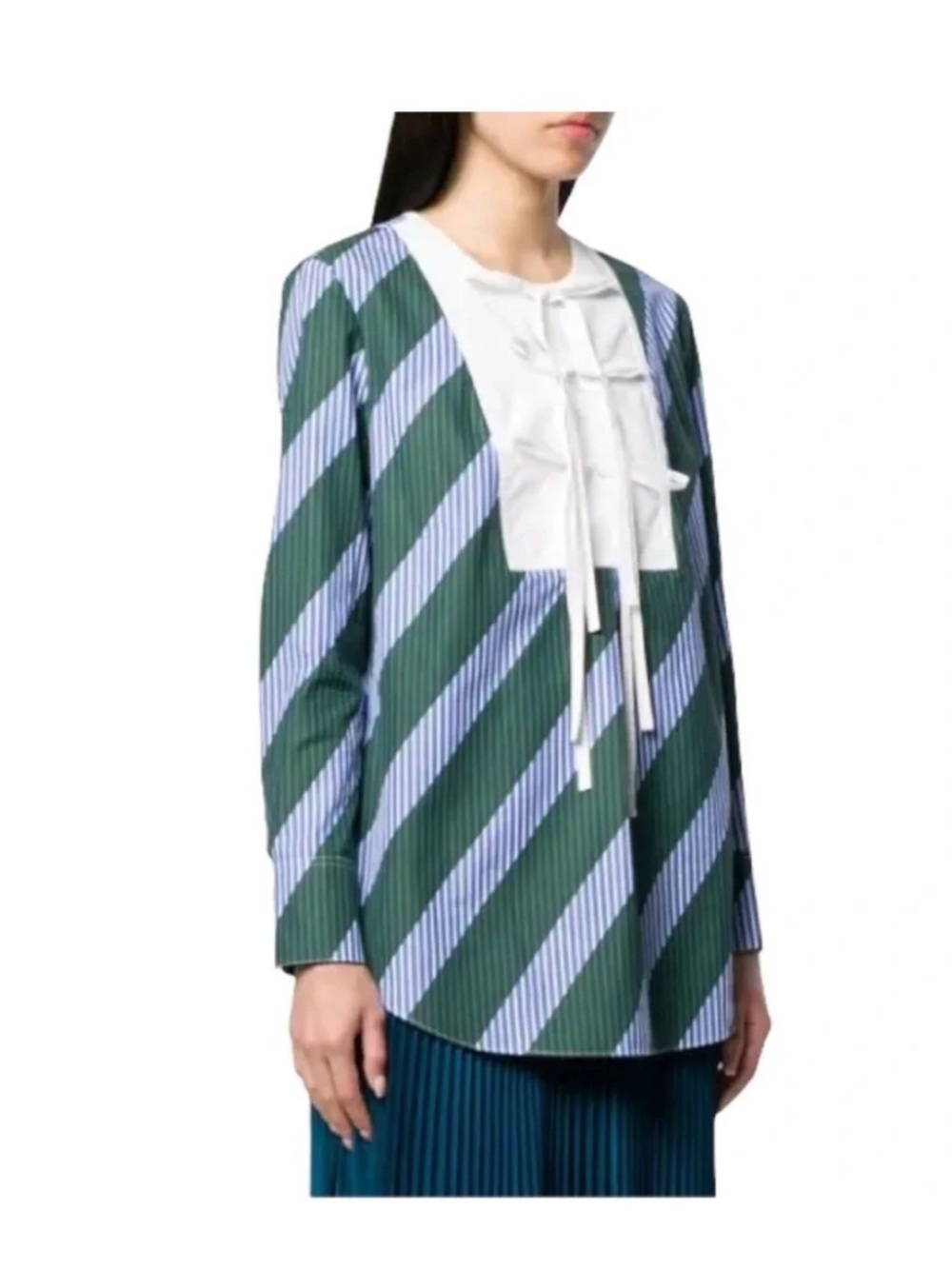 Tory Burch Green and White Striped Popover Blouse with Bib Tie